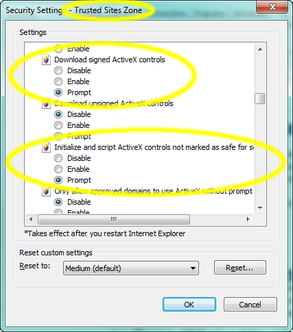 Luotetuilla sivustoilla on sallittu ActiveX-komponenttien käyttö